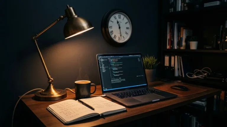 Mesa de trabalho à noite iluminada por luminária com notebook, caderno e relógio na parede