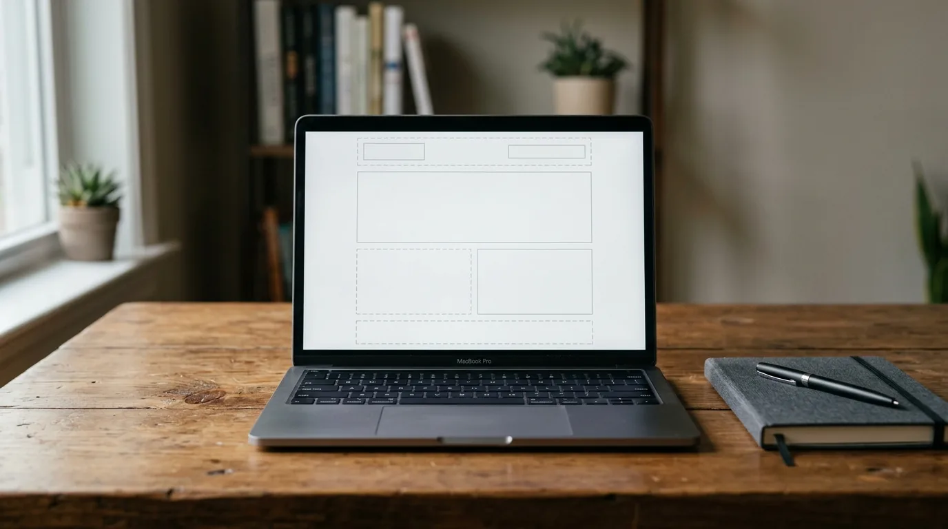 Notebook mostrando pagina quase vazia com apenas contornos de blocos