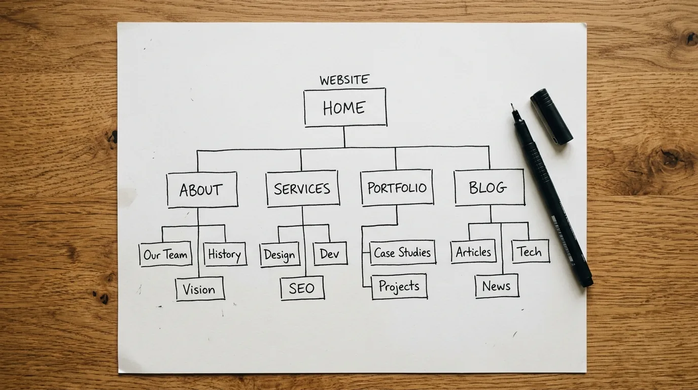 Diagrama de hierarquia de paginas do site desenhado a mao em papel