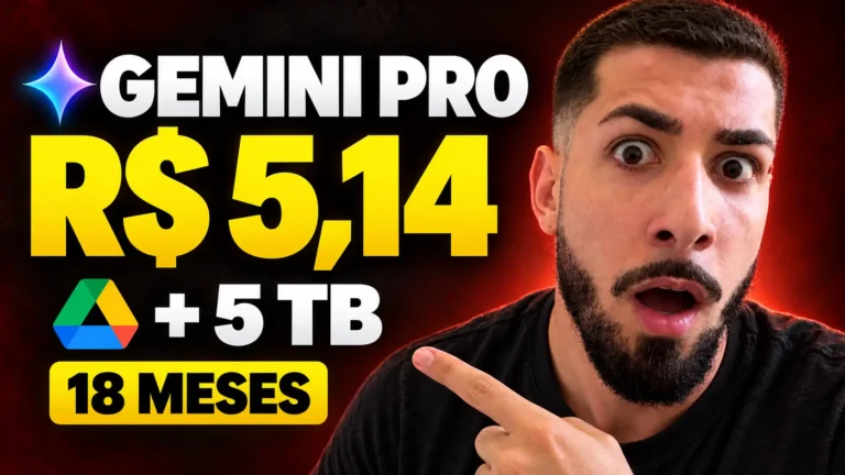 Guilherme Emanuel surpreso apontando para Gemini Pro por R$ 5,14 com 5 TB por 18 meses, teste do Google AI Pro