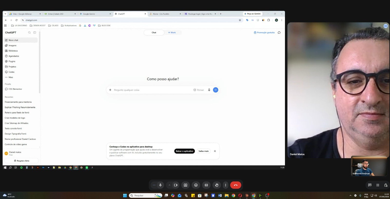 Daniel, aluno da mentoria da Escola Algoritmo X, em call de acompanhamento de Google AdSense