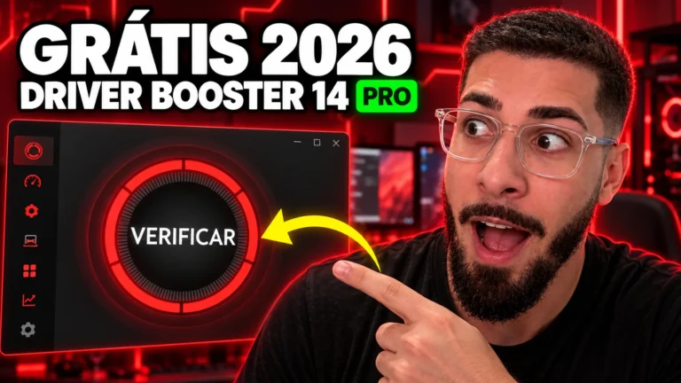 Guilherme Emanuel apontando para a tela do Driver Booster 14 PRO grátis com o botão de verificar drivers