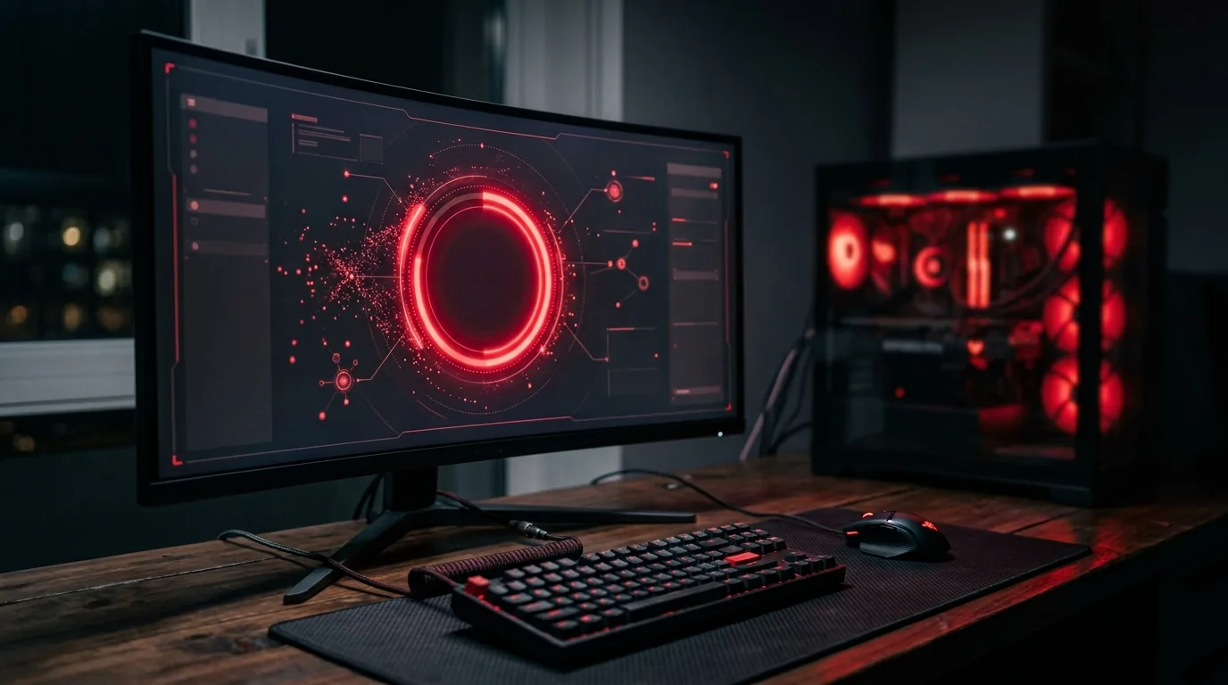 Monitor mostrando a verificação de drivers em andamento ao lado de um PC com iluminação vermelha