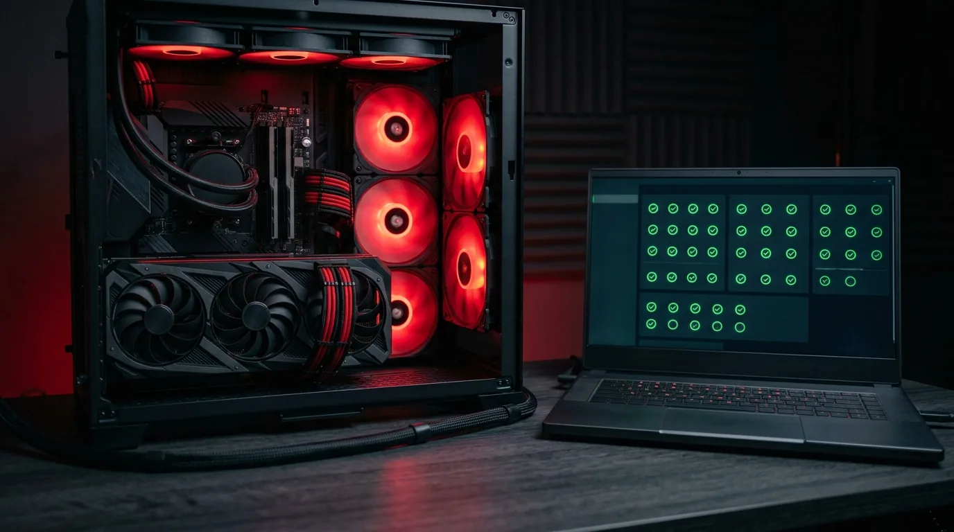 Gabinete aberto com ventoinhas vermelhas e notebook exibindo vários indicadores verdes de driver atualizado