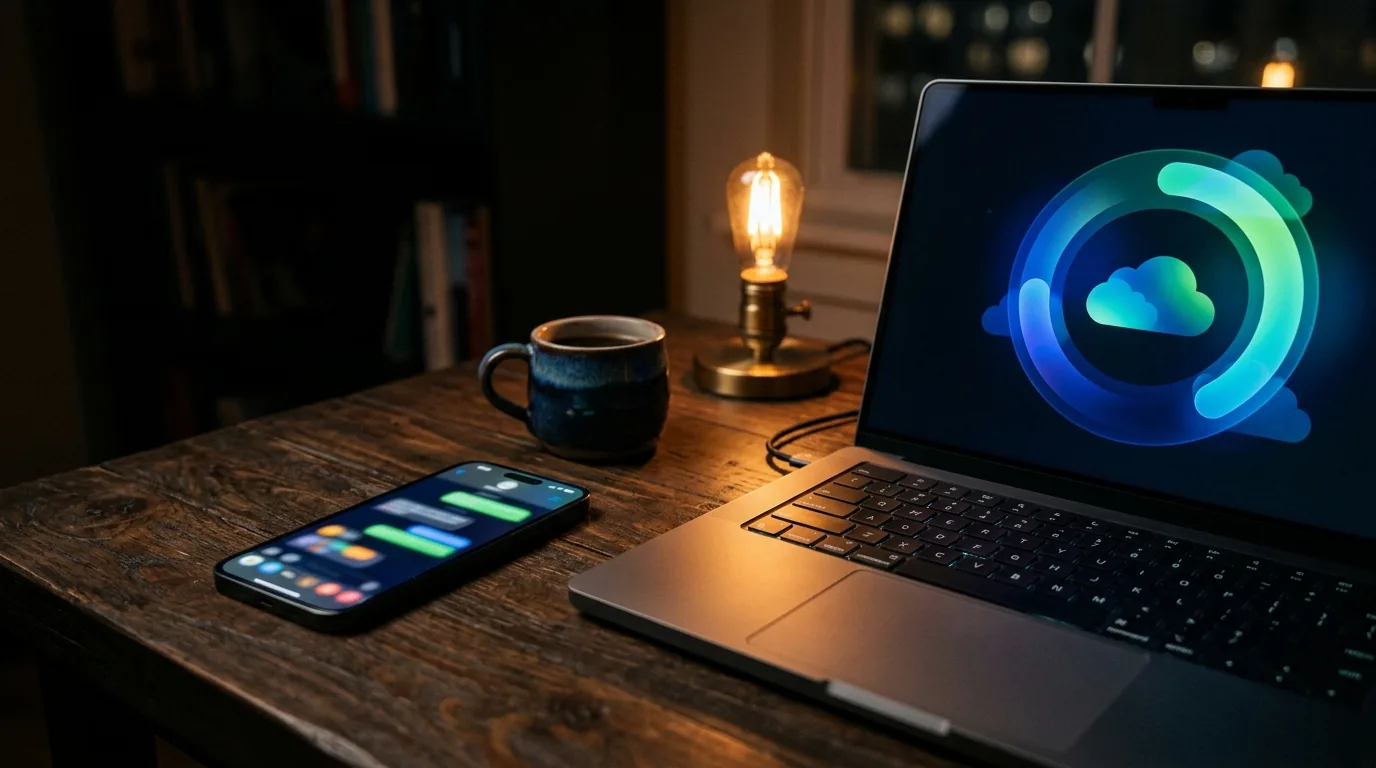 Celular com conversa aberta ao lado de notebook exibindo o armazenamento em nuvem enchendo, a ativação do Google AI Pro pelo Telegram