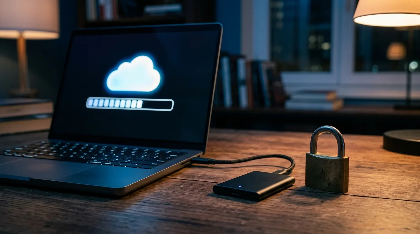 SSD externo conectado ao notebook fazendo backup, com um cadeado ao lado, a proteção dos arquivos se o Gemini Pro de 18 meses cair