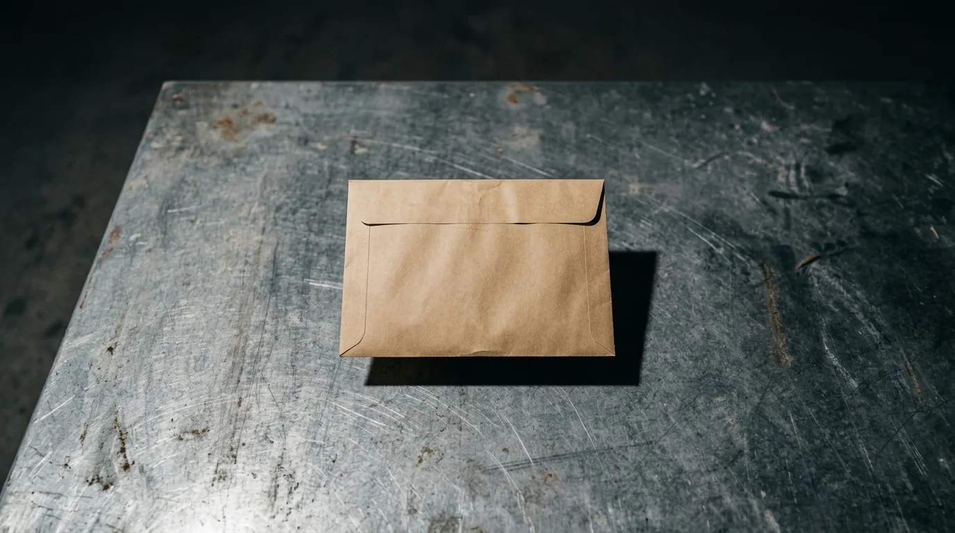 Envelope de papel pardo lacrado sobre mesa de metal sob luz dura, a resposta do AdSense que ainda não chegou