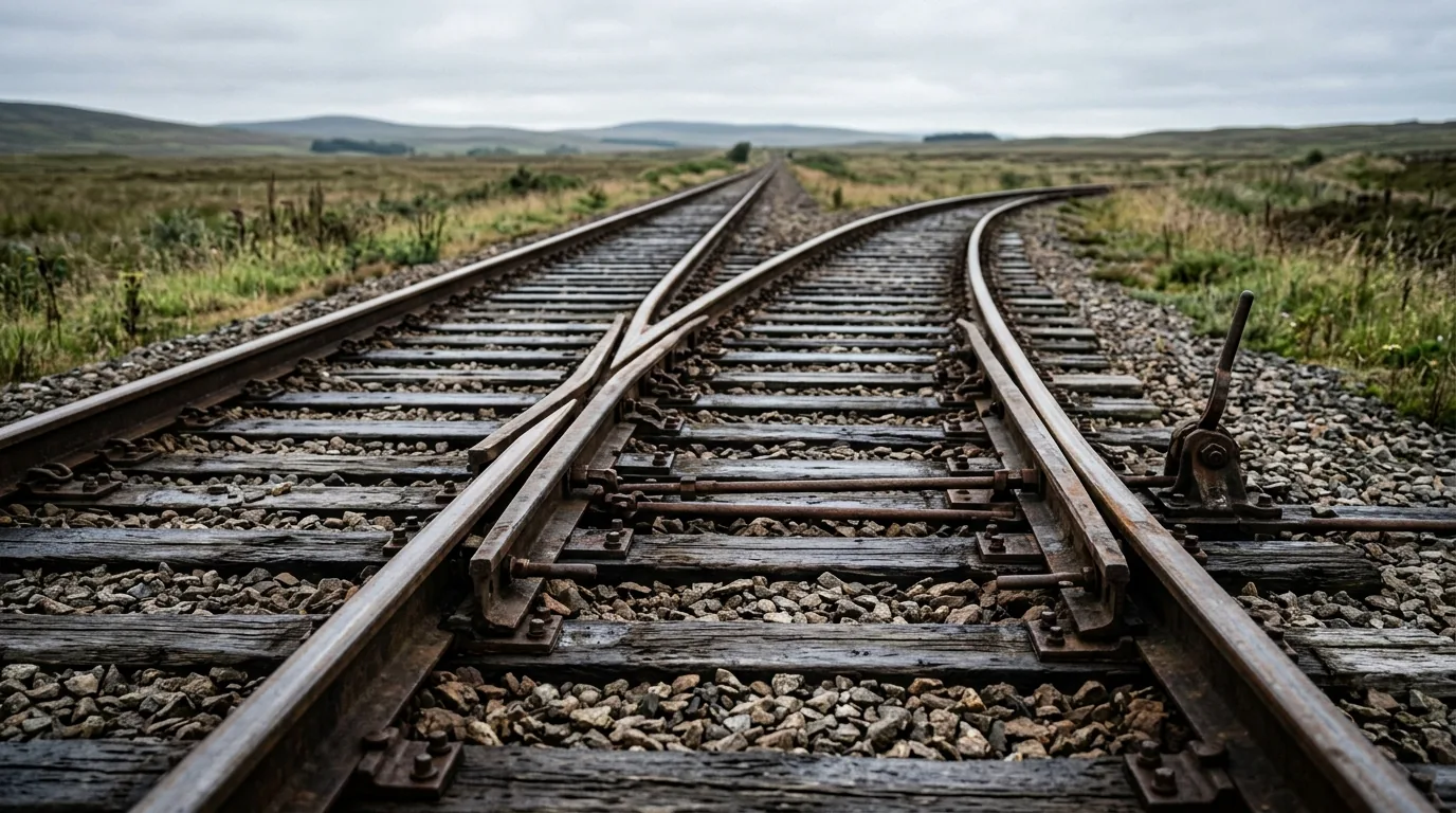 Trilhos de trem se separando num aparelho de mudança de via, decisão de mudar de caminho