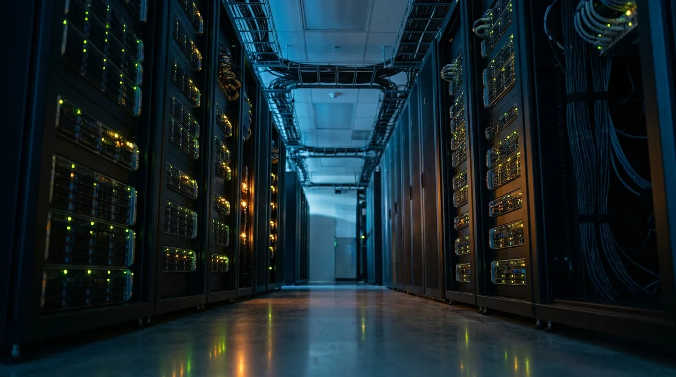 Corredor de data center com racks de servidores e luzes indicadoras, onde fica hospedado o seu site