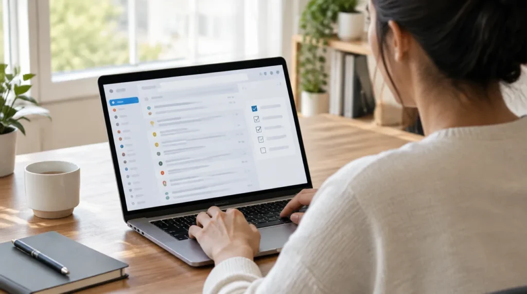 Profissional trabalhando no notebook com uma caixa de entrada de e-mail e lista de tarefas, ilustrando o AI Inbox do Gmail