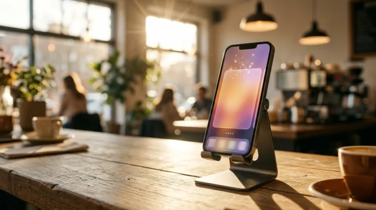 Celular no suporte com um grande painel de resposta de IA no topo e os links empurrados para baixo