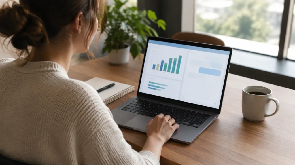 Profissional de marketing analisando gráficos abstratos em um notebook para entender anúncios no ChatGPT
