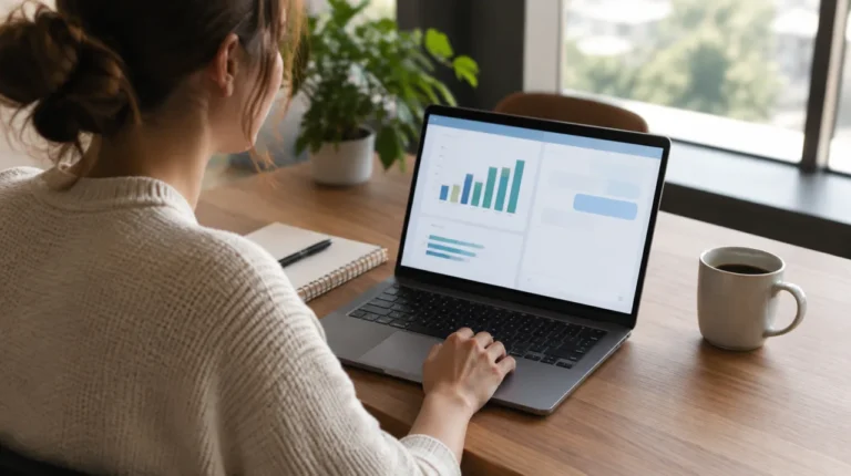 Profissional de marketing analisando gráficos abstratos em um notebook para entender anúncios no ChatGPT