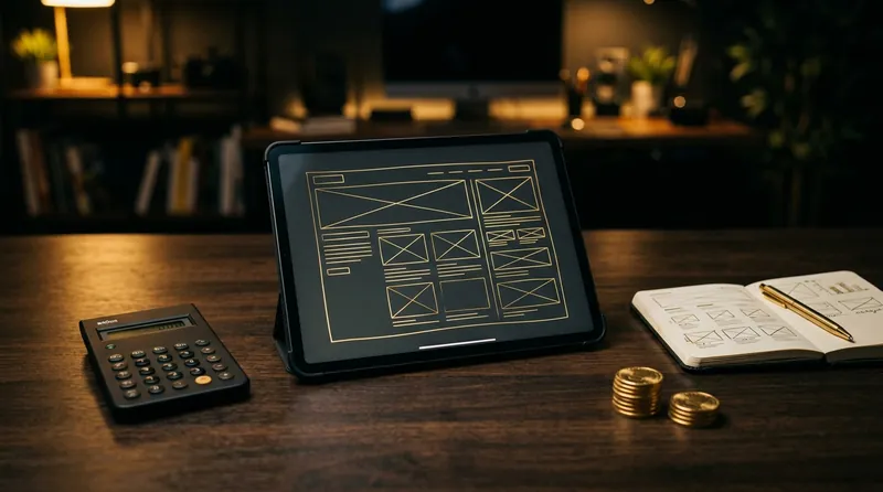 Tablet com esboço do layout de um site, calculadora, caderno de rascunhos e moedas sobre a mesa, capa da calculadora de preço de site