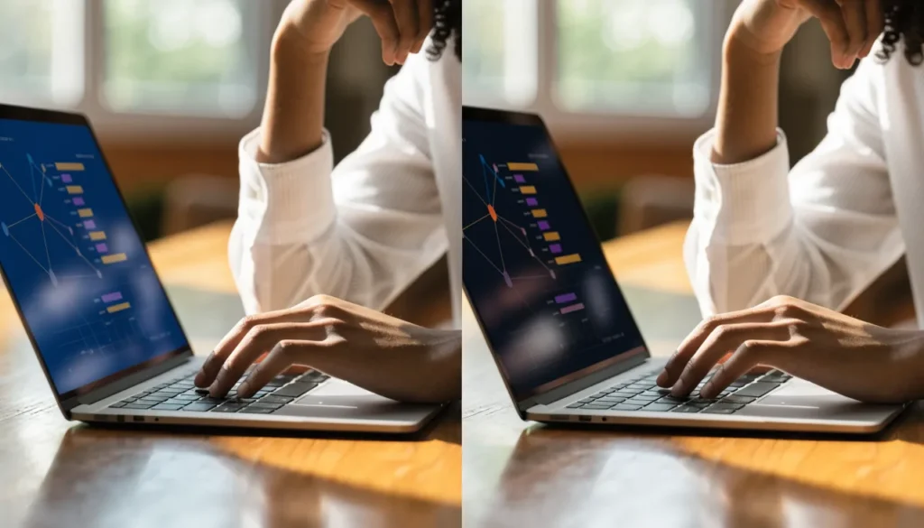 Profissional de marketing comparando gráficos em dois monitores sobre citações do ChatGPT
