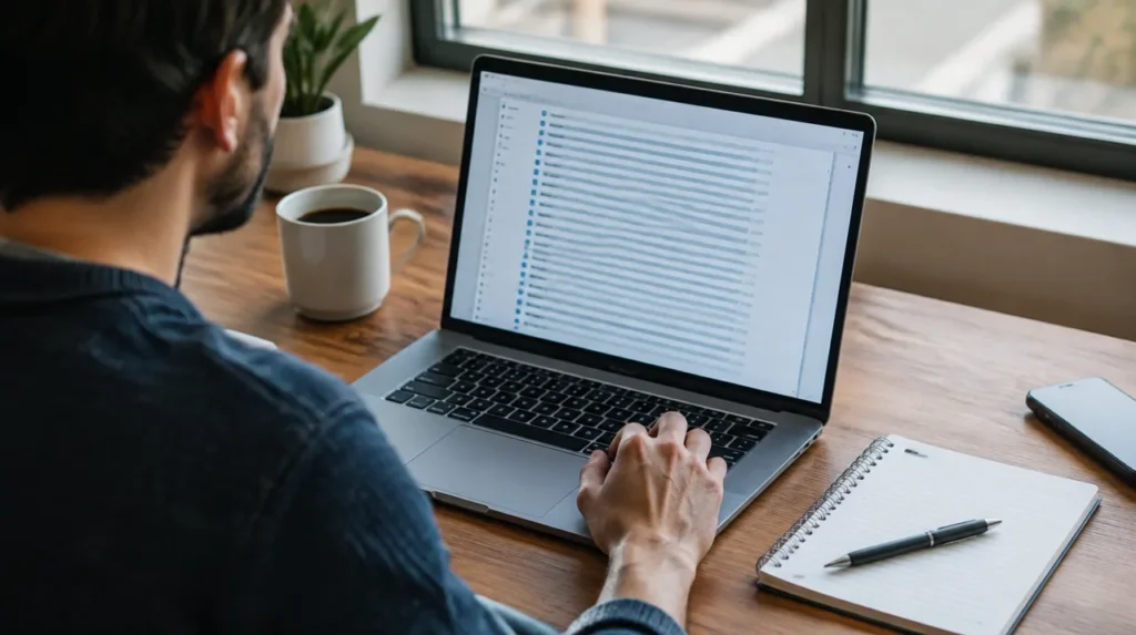 Desenvolvedor revisa lista de endereços de páginas no notebook para checar colchetes na URL