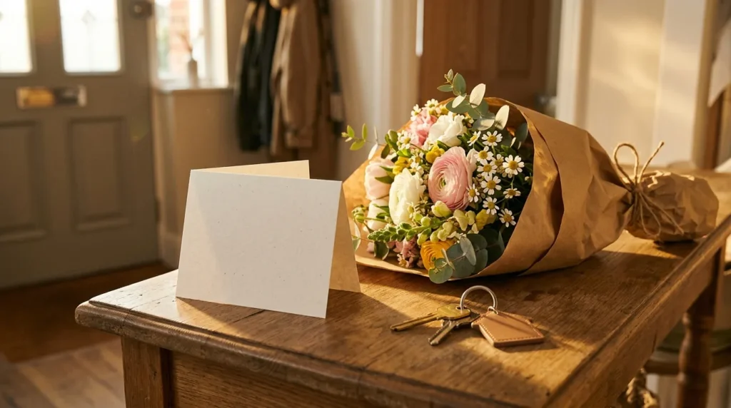 Cartão em branco, buquê de flores e chaves de casa num aparador na entrada de um lar novo