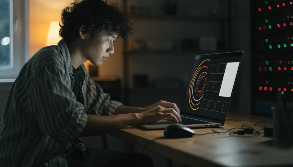 Desenvolvedor trabalhando à noite no notebook com painéis de status, cena sobre erro 503 em manutenção de site