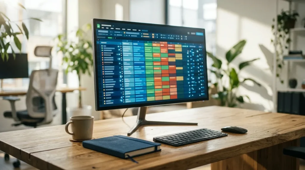 Monitor com planilha de células coloridas e pequenos ícones de fonte ao lado de cada célula