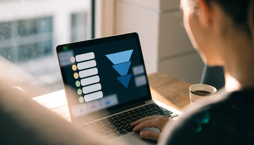 Profissional de marketing diante de um notebook com funil e lista de respostas, ilustrando o formulário de lead do Google Ads