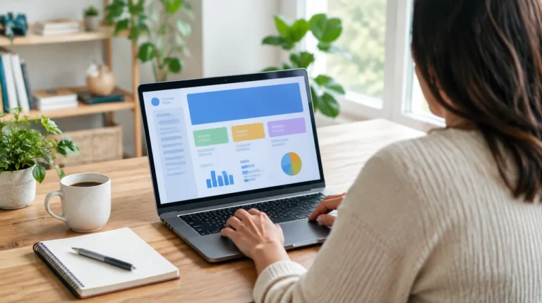Pessoa trabalhando em notebook com página web genérica em uma mesa de home office, ilustrando Gemini e Google Sites