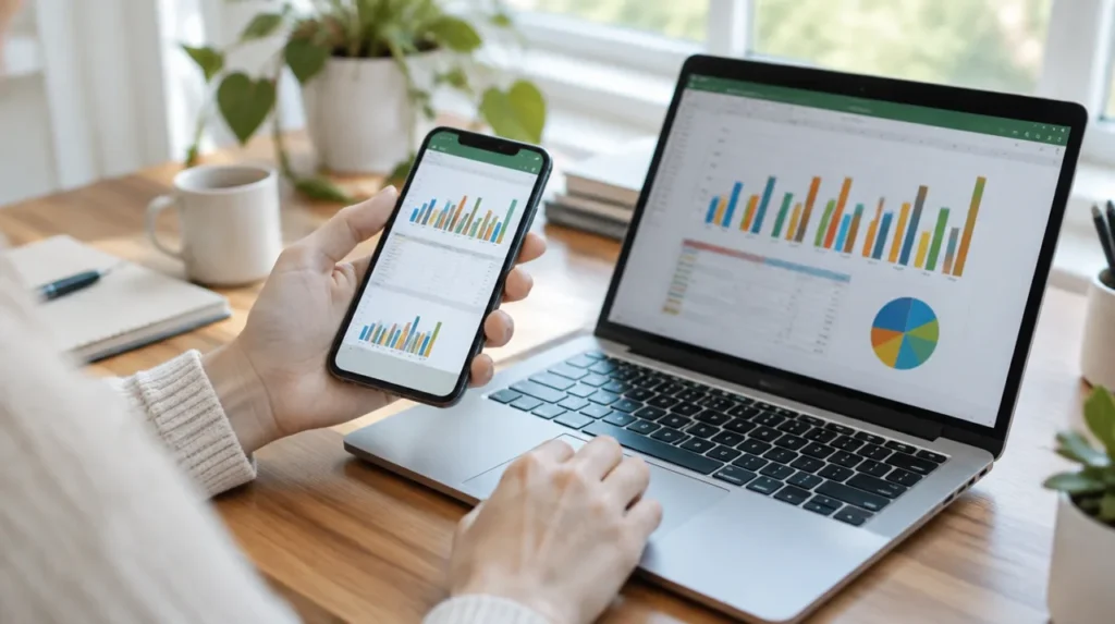 Pessoa em escritório com celular e notebook mostrando planilhas com gráficos de colunas, ilustrando o Gemini no Google Sheets