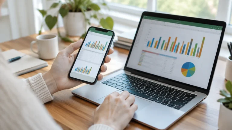 Pessoa em escritório com celular e notebook mostrando planilhas com gráficos de colunas, ilustrando o Gemini no Google Sheets