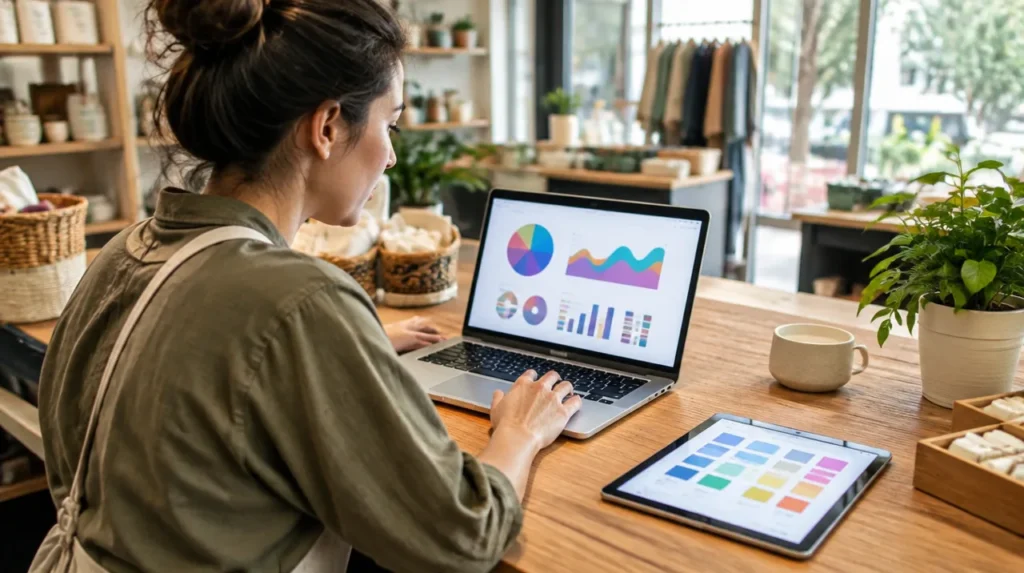 Dona de loja usa notebook com gráficos e tablet com paleta de cores, cena ligada ao Gemini para pequenas empresas