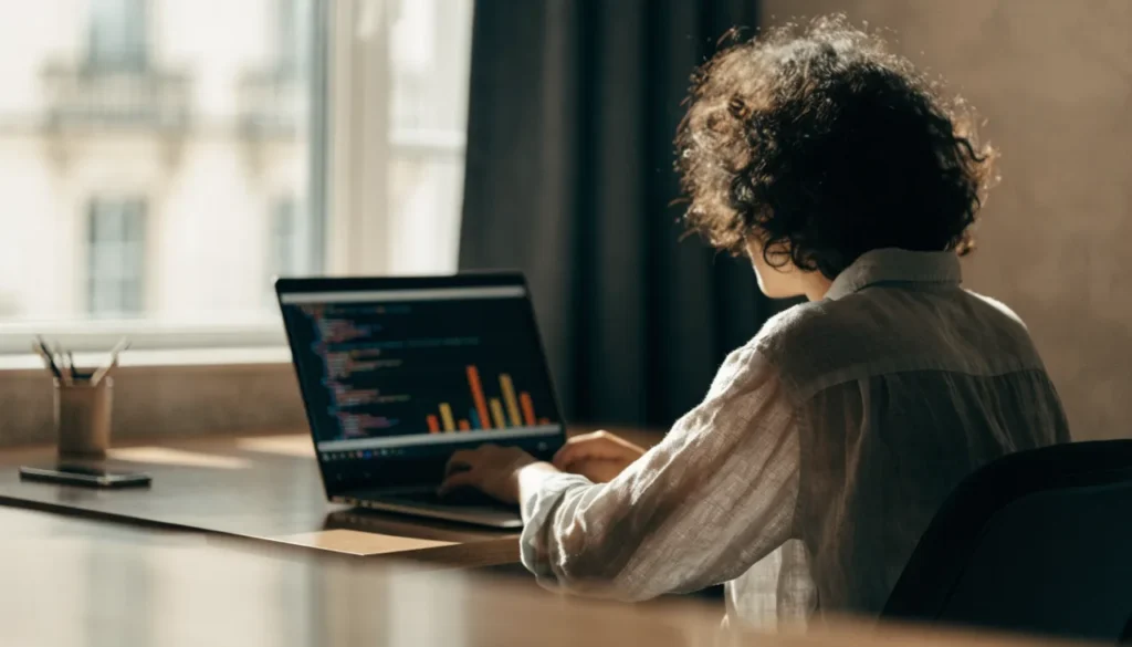 Desenvolvedor de costas trabalhando em notebook com código e gráficos abstratos, ilustrando a Google Ads API v26