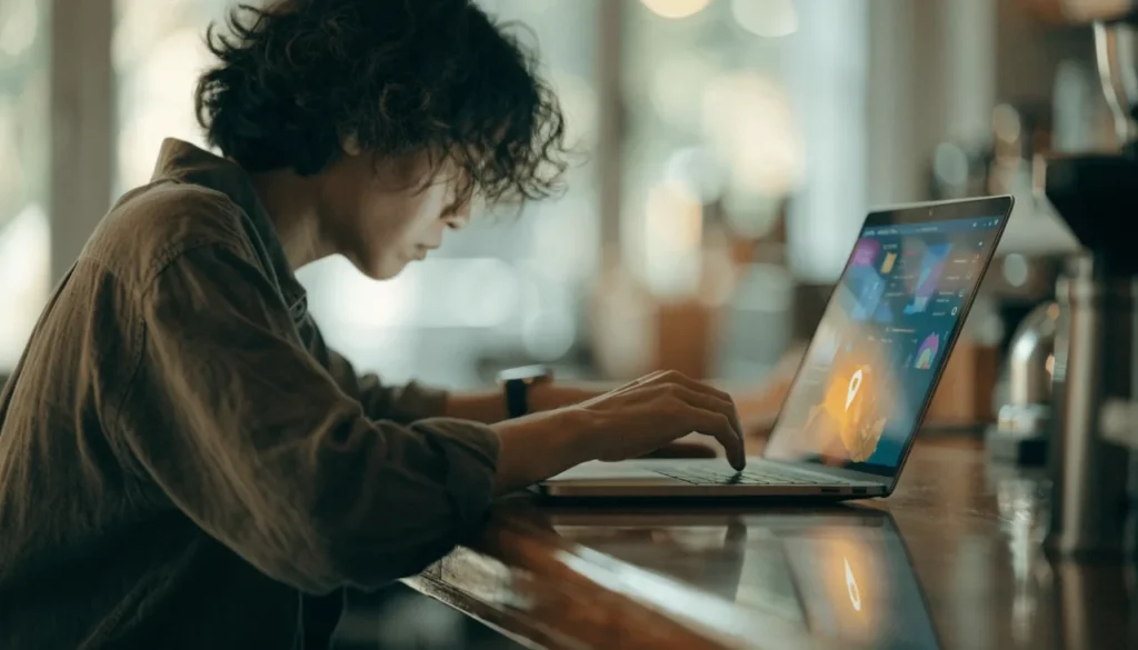 Dono de pequeno negócio usa notebook com painel de gráficos e pino de mapa para gerenciar o Google Business Home