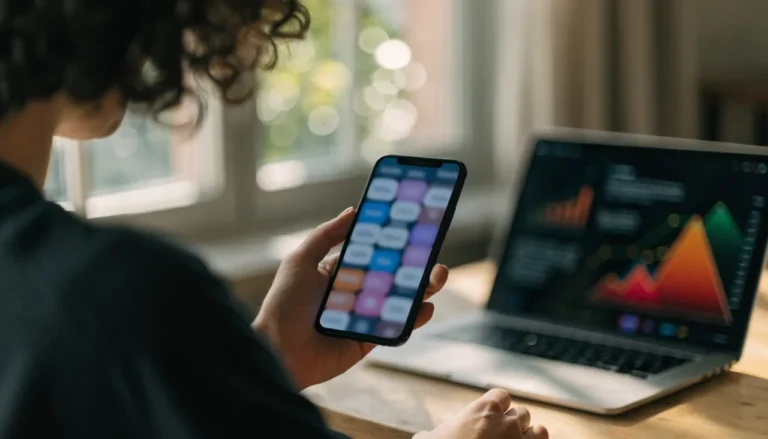 Criador de conteúdo olha o feed do Google Discover no celular ao lado de um notebook com gráficos