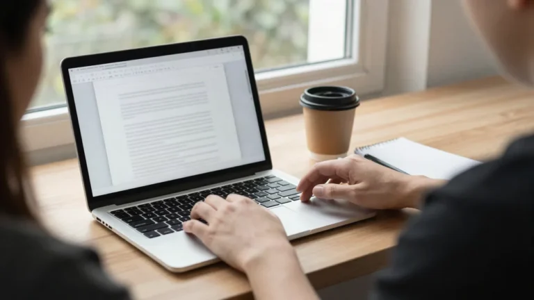 Pessoa digitando em um notebook com documento de texto aberto, ao lado de um copo de café, ilustrando Google Docs com Markdown