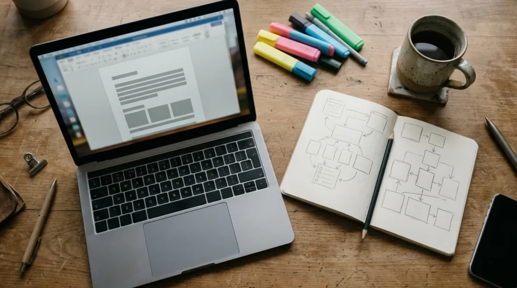 Notebook com documento simples aberto e marca-textos coloridos deixados de lado sobre a mesa