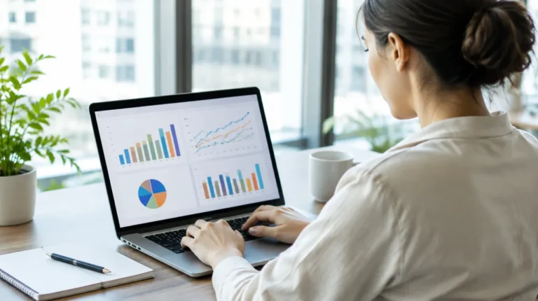 Analista de marketing trabalhando em notebook com planilha e gráficos abstratos, ilustrando Google Sheets e BigQuery