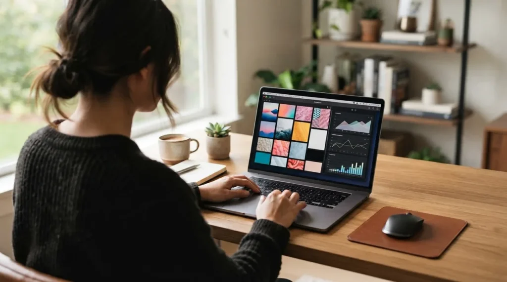 Criadora de conteúdo trabalha em notebook com grade de imagens e gráficos, ilustrando o JPEG XL no Google Imagens