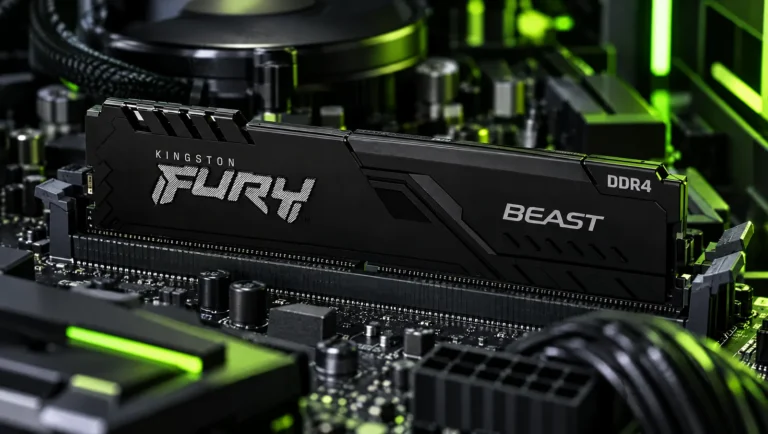 Memória Kingston Fury Beast 16GB DDR4 preta encaixada no slot de uma placa-mãe dentro de um PC, com luz verde ao fundo