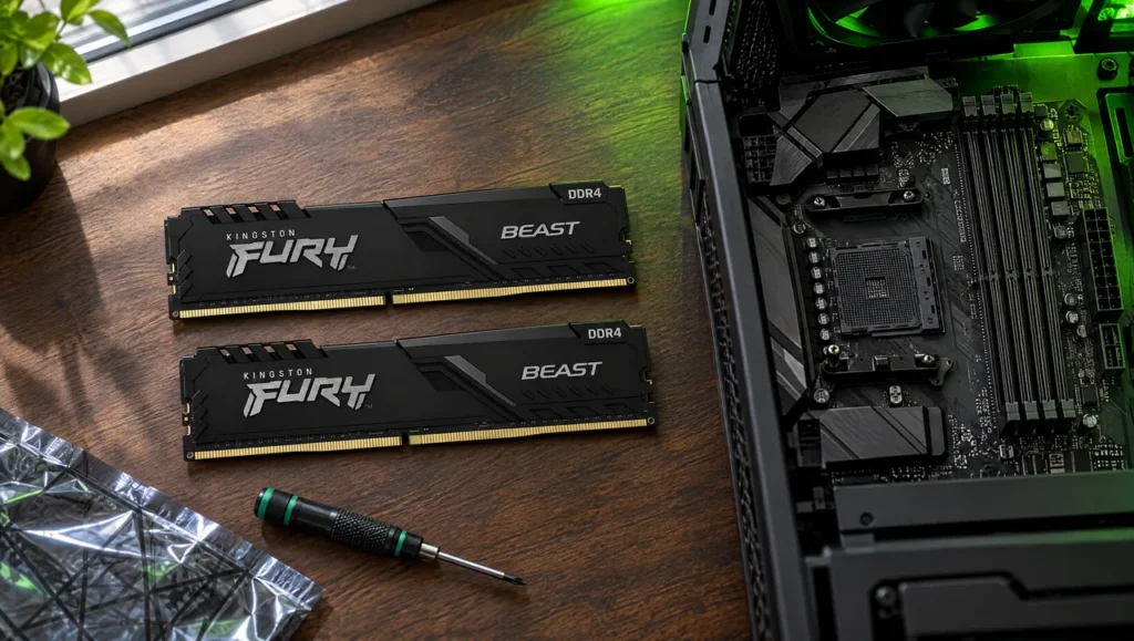 Dois pentes Kingston Fury Beast 16GB DDR4 lado a lado na bancada, ao lado de um gabinete aberto com placa-mãe de quatro slots