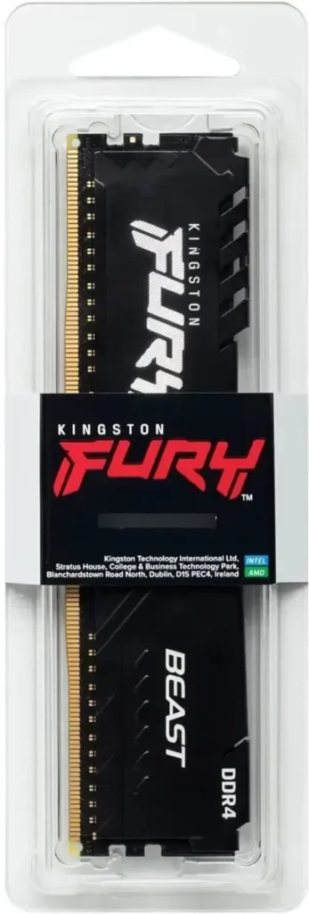 Embalagem original da memória Kingston Fury Beast DDR4 16GB, blister transparente com o módulo preto e o rótulo vermelho Kingston Fury