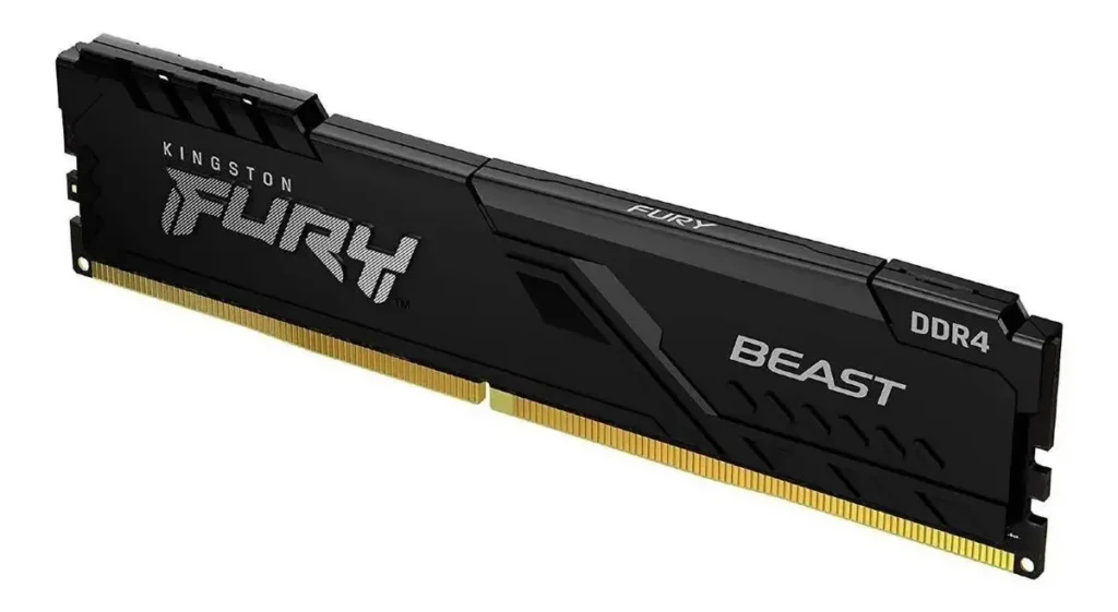 Foto oficial da memória Kingston Fury Beast 16GB DDR4 em ângulo, com dissipador preto e contatos dourados de 288 pinos