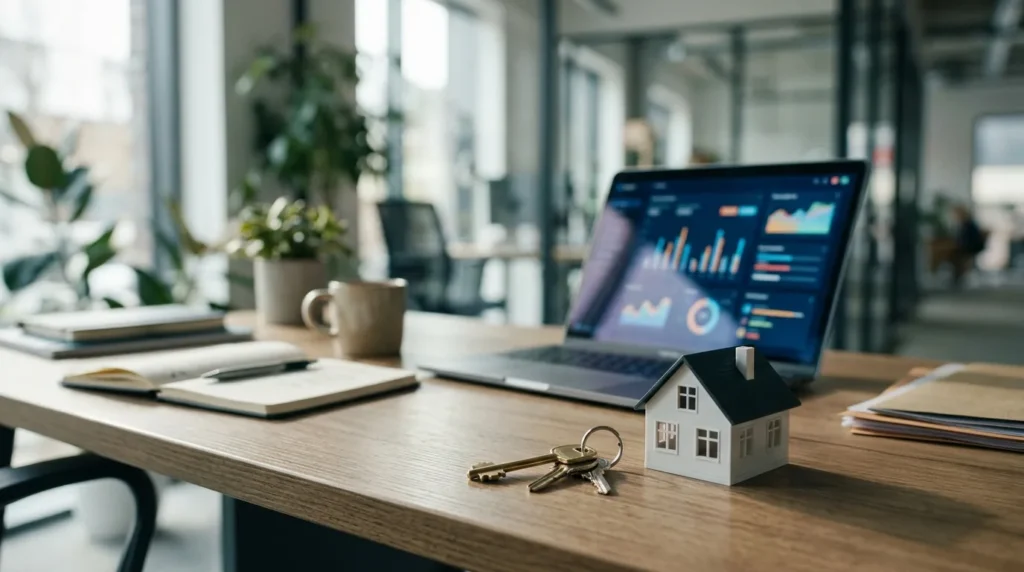 Mesa de corretor com notebook de métricas de anúncios, maquete de casa e chaves