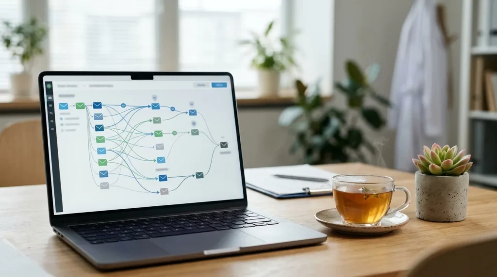 Notebook com fluxo de e-mails conectados, chá e suculenta numa mesa de clínica