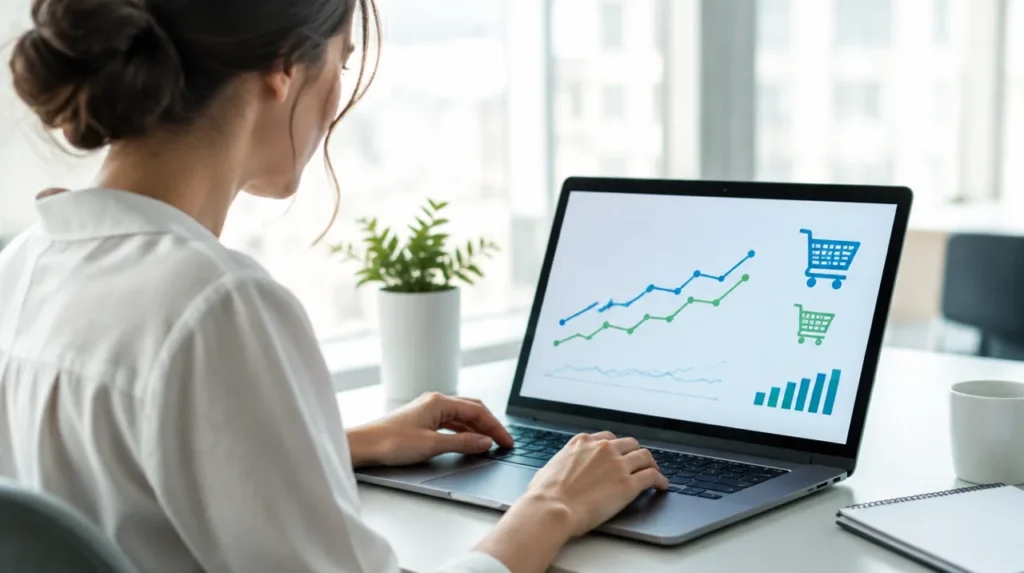 Profissional de marketing analisando gráficos de metas de retenção e carrinho de compras no notebook
