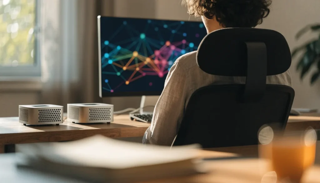 Desenvolvedor diante de monitor com gráficos de rede e dois computadores compactos na mesa, cena ligada ao Muse Spark Open