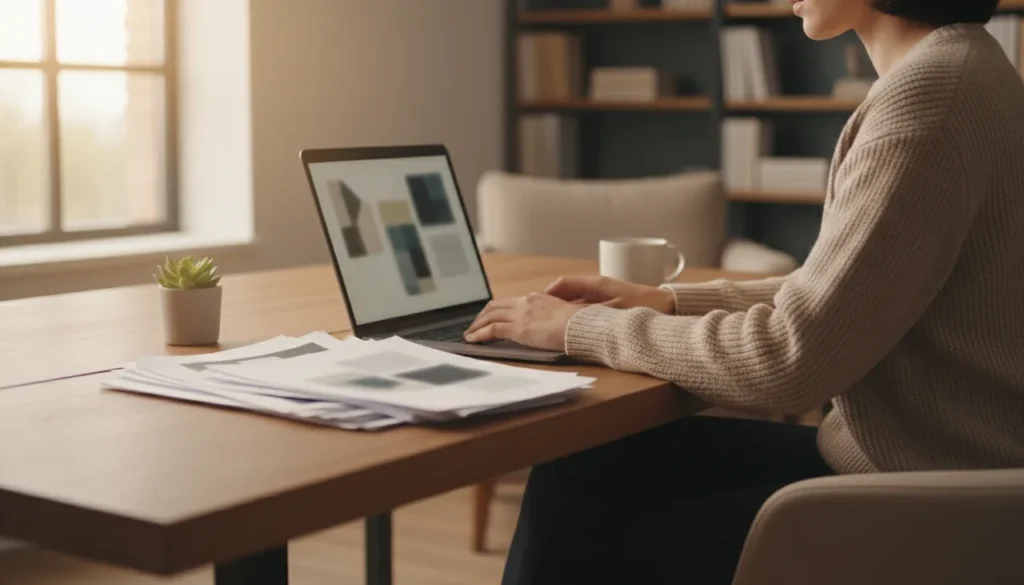 Criador de conteúdo trabalhando no notebook em uma mesa com documentos impressos, ilustrando o PDF no Google