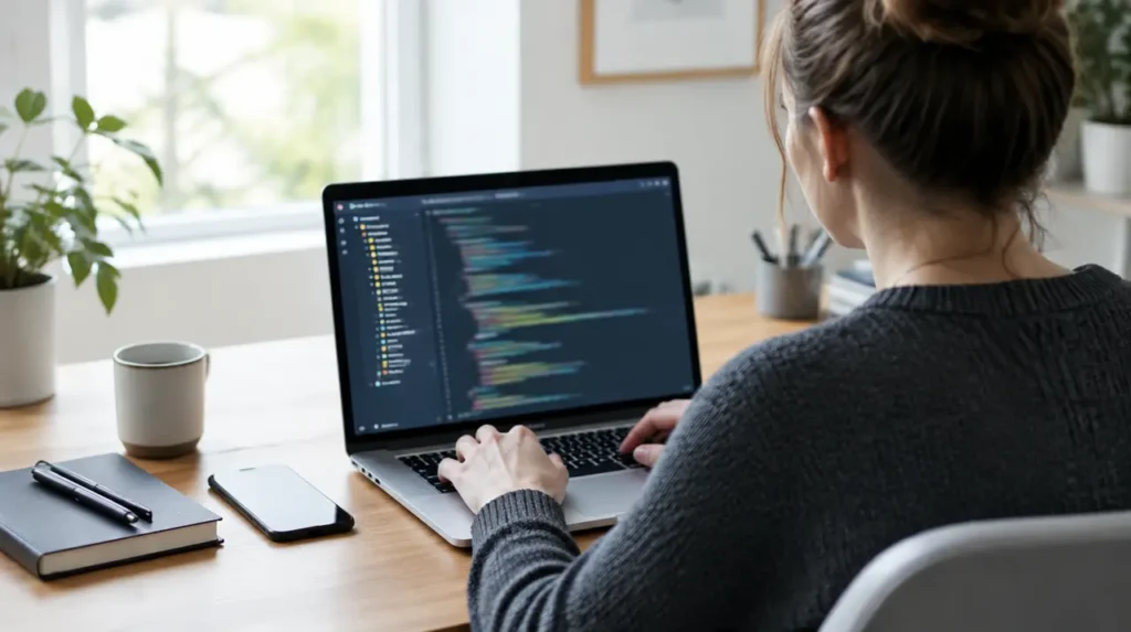 Profissional trabalhando em notebook com código e pastas de arquivos, ilustrando as regras do robots.txt