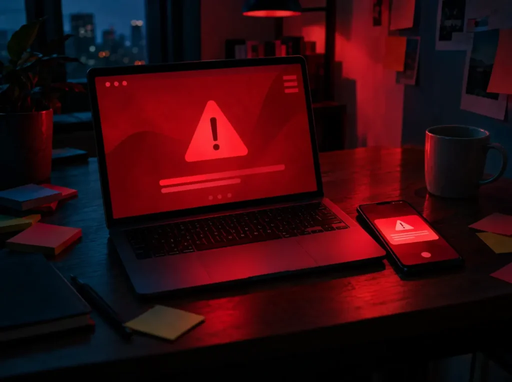 Notebook à noite com tela vermelha de alerta e celular com aviso de perigo, site WordPress invadido
