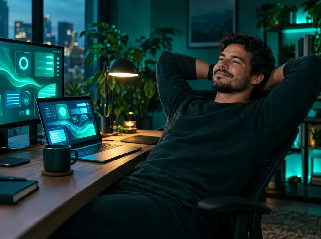 Homem relaxado na cadeira de casa enquanto o notebook e o monitor mostram as skills do Claude trabalhando no SEO do site