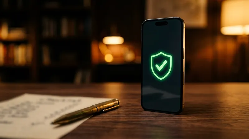 Celular com escudo verde de verificação na tela ao lado de um checklist em papel e uma caneta, capa do teste de aprovação no AdSense