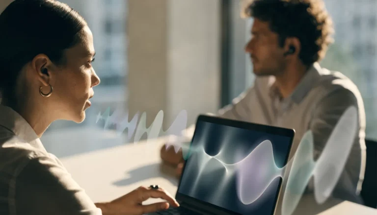 Dois profissionais em videochamada no notebook, simbolizando a tradução em tempo real no Google Meet
