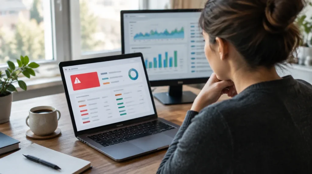 Administrador de site revisando um painel com alerta vermelho no notebook, cena ligada ao incidente do UpdraftPlus